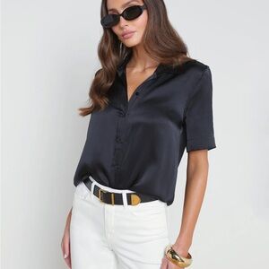 L'AGENCE Midnight Black Satin Button Down Shirt